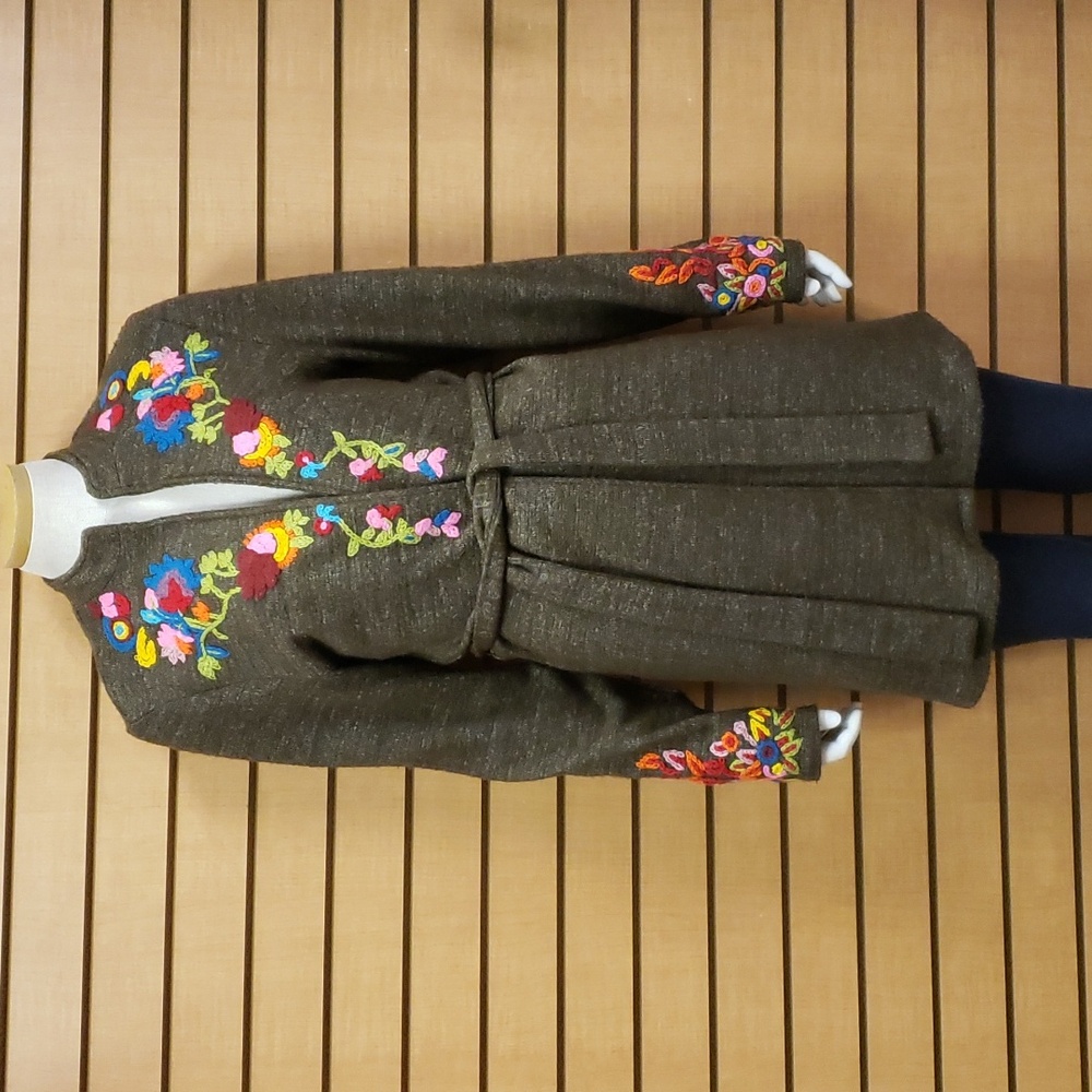 Tracy Porter Duster 4-6 Embroidered Belted Cardigan Jacket Boho Floral Artsy